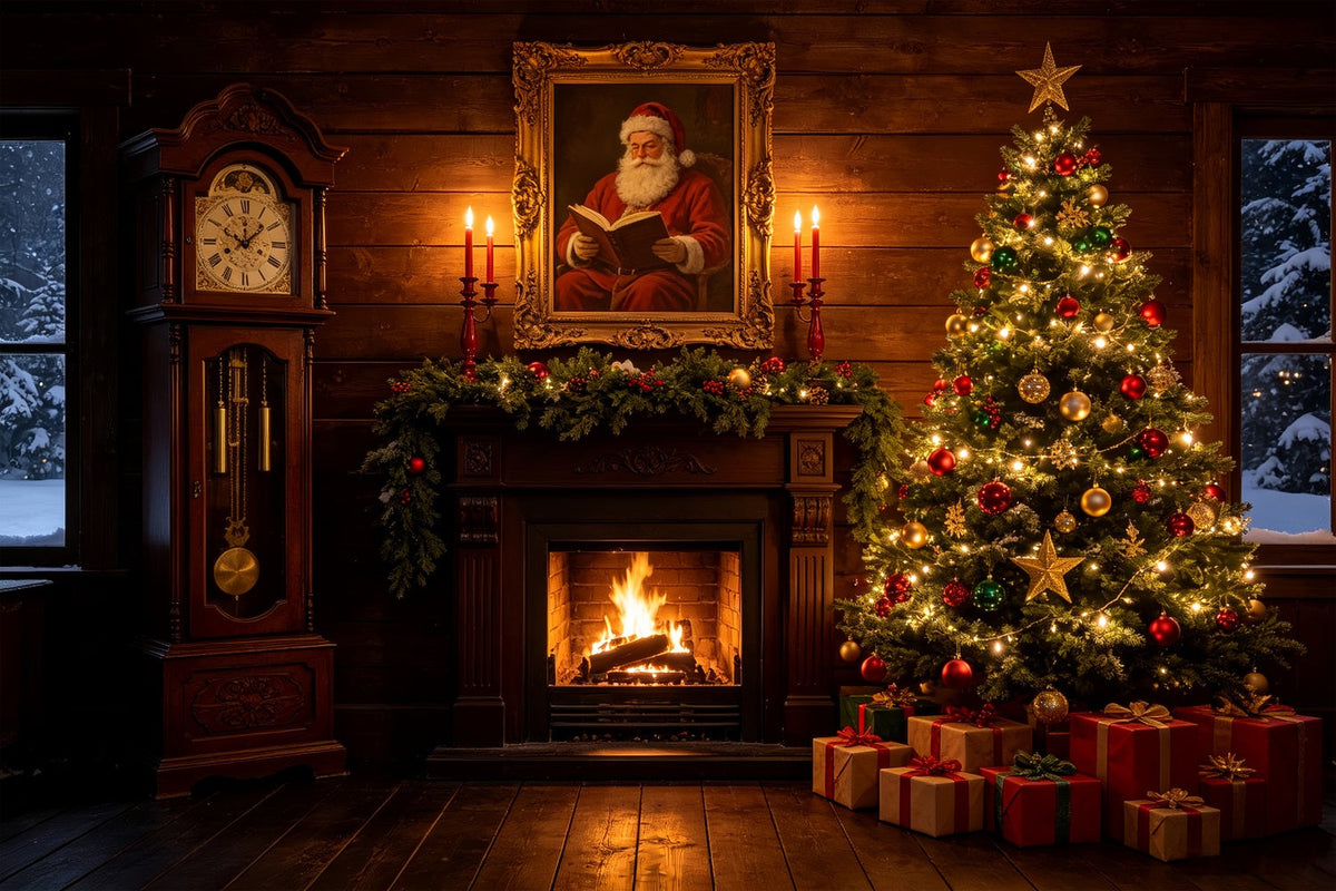 Décor De Cabane De Noël Salle De La Cheminée Avec Le Portrait Du Père Noël Décors De Studio Pour Noël CSH69-47