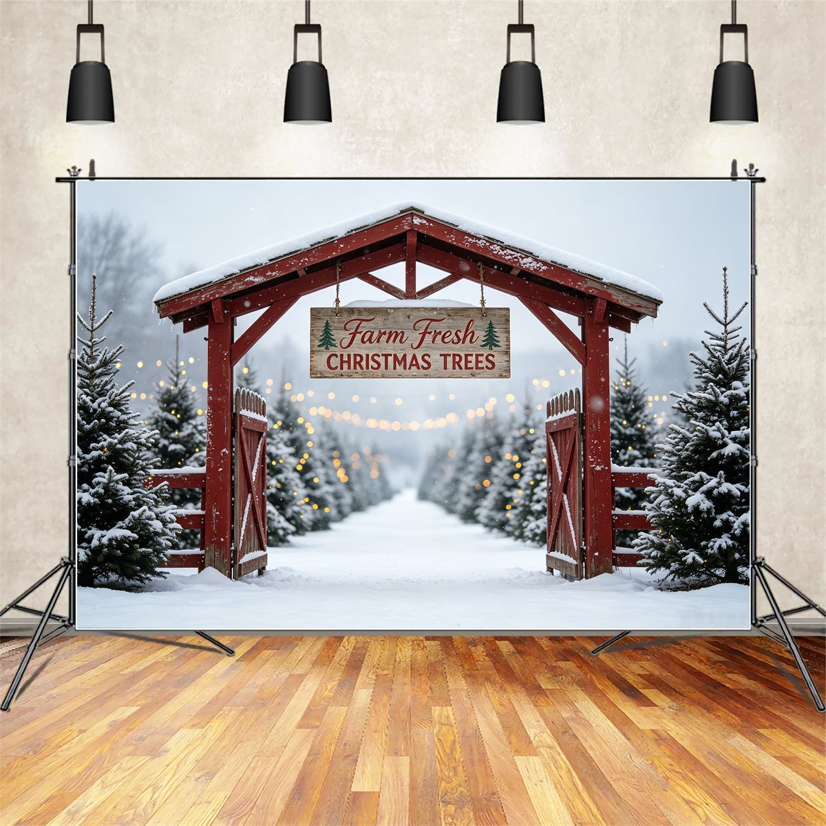 Décor De Ferme De Sapins De Noël Porte De La Ferme Snowy Tree Fond Photo De Noël CSH69-48