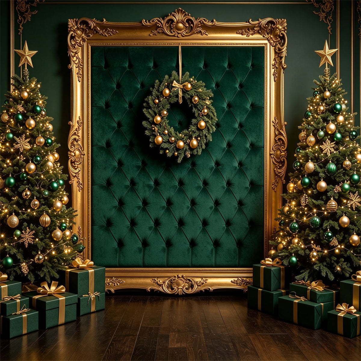 Décor De Portrait De Noël Cadre En Or Émeraude Décors De Noël Pour Photos CSH69-65