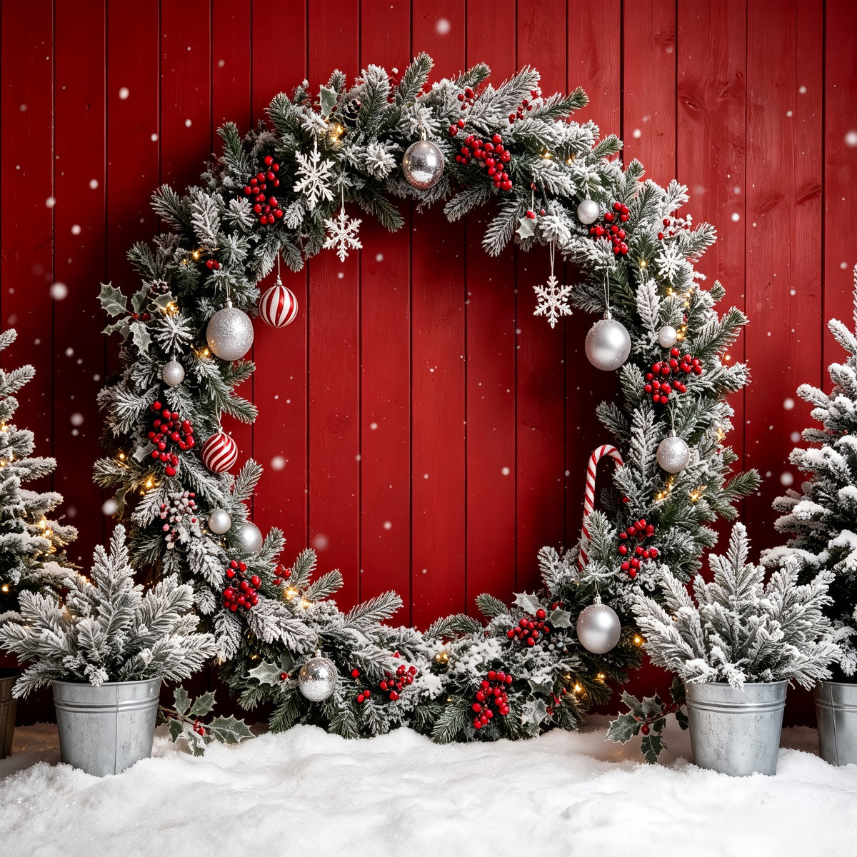 Décor De Photomaton De Noël Mur De Couronne Rouge Givrée Photographie De Décors De Noël CSH69-69