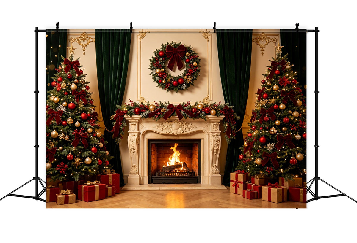 Fond De Cheminée De Noël Couronne Élégante Murale Rétro Fond Photographique De Noël CSH69-8