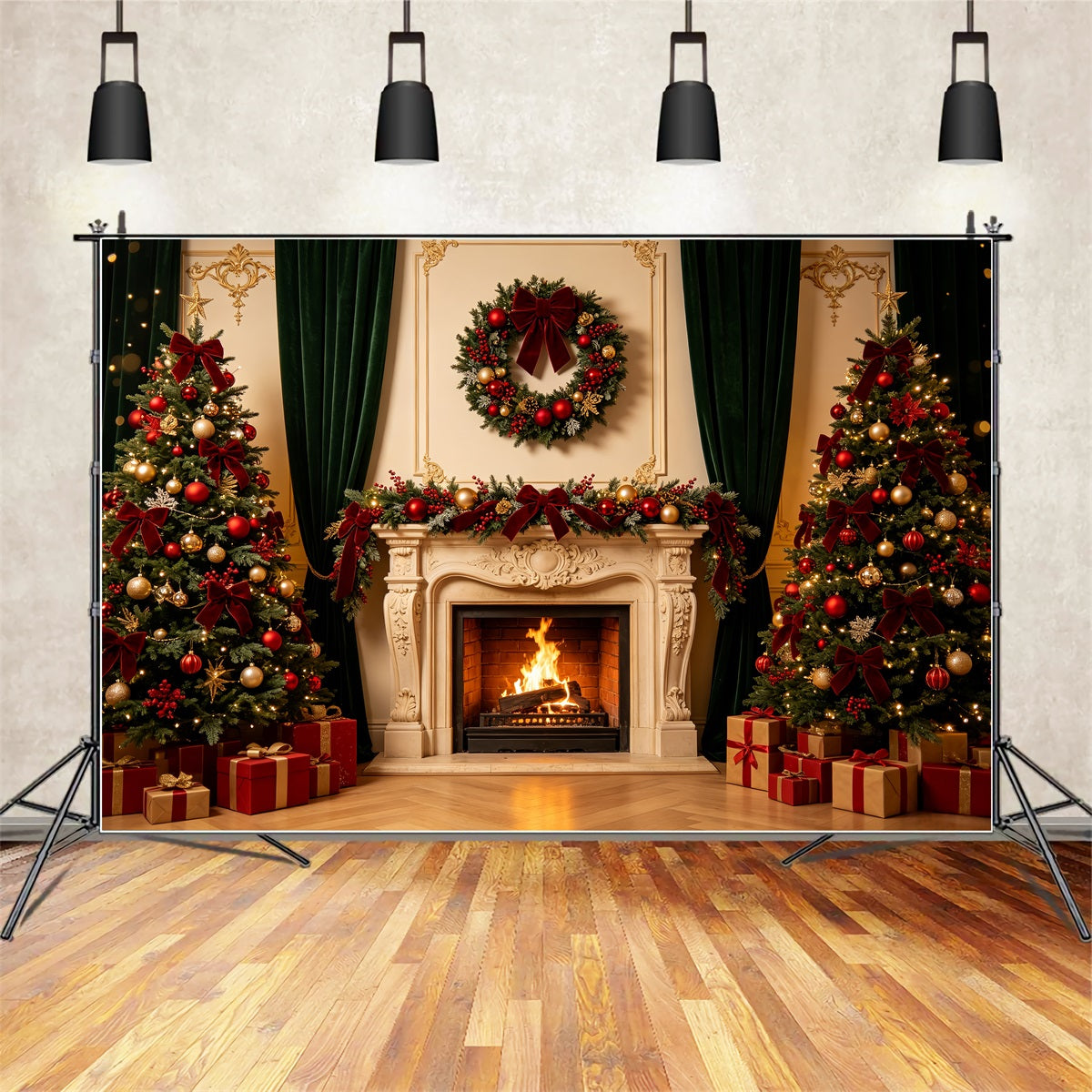 Fond De Cheminée De Noël Couronne Élégante Murale Rétro Fond Photographique De Noël CSH69-8