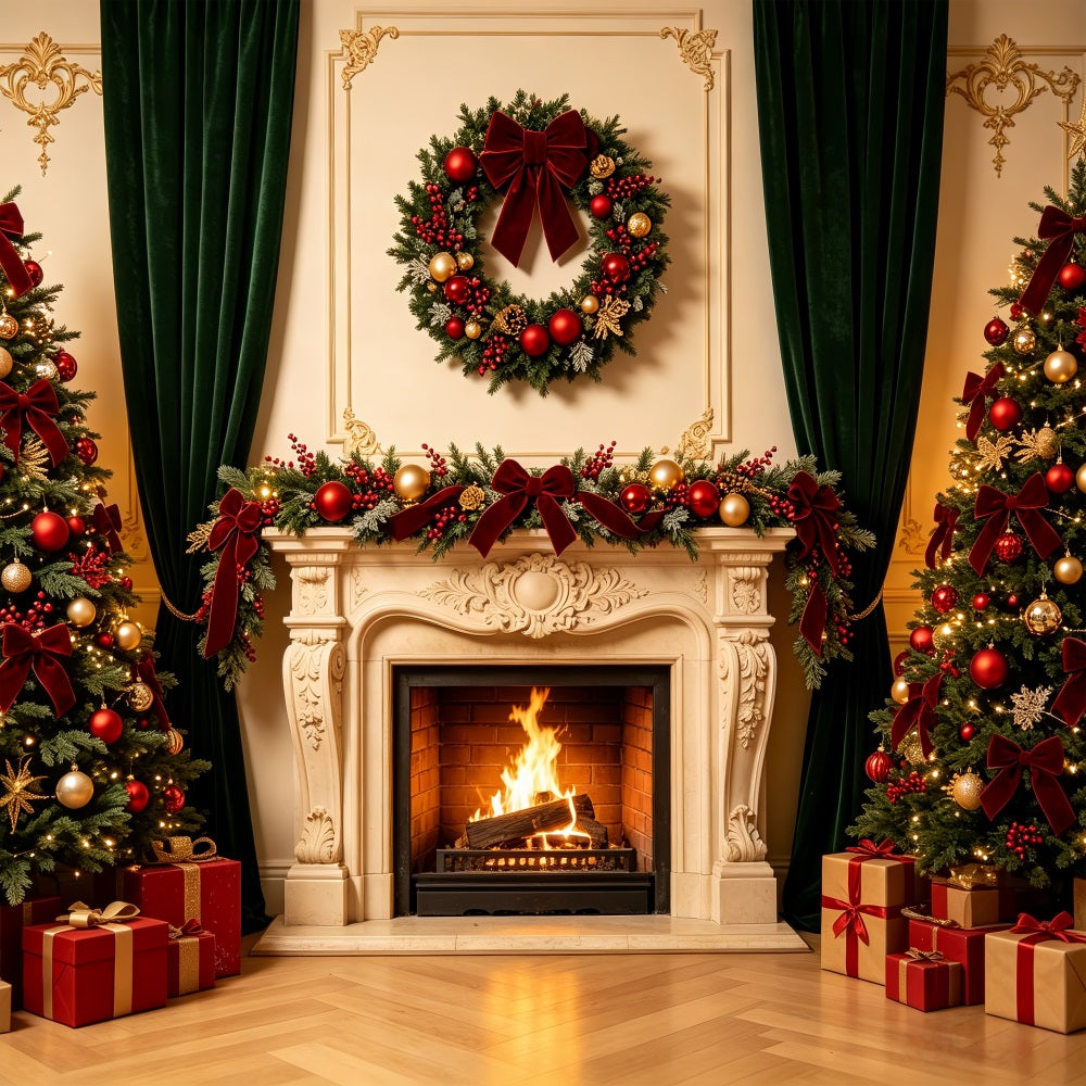 Fond De Cheminée De Noël Couronne Élégante Murale Rétro Fond Photographique De Noël CSH69-8