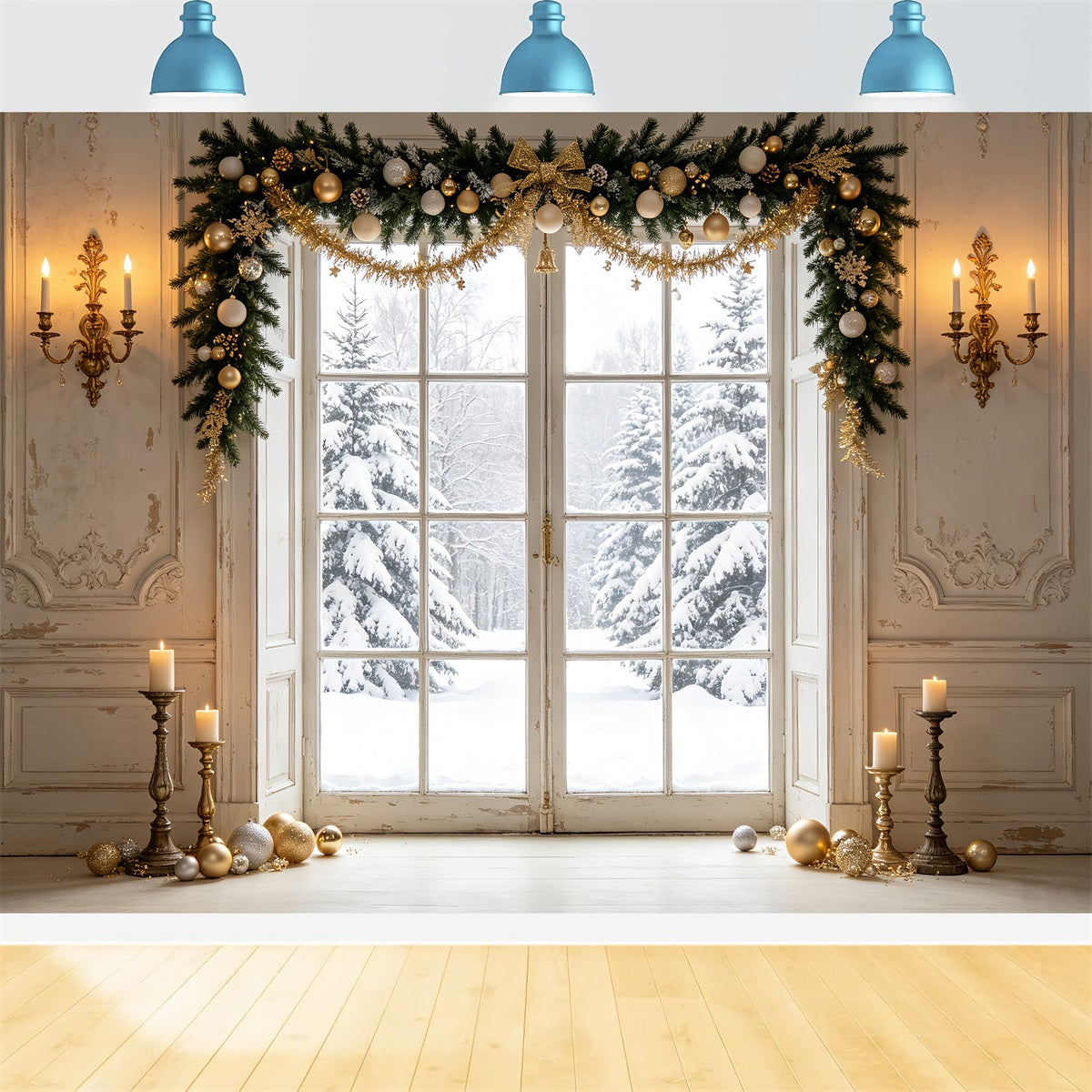 Décor De Vitrine De Noël Vue Sur La Porte En Pin D'Hiver Décor De Portrait De Noël CSH69-80