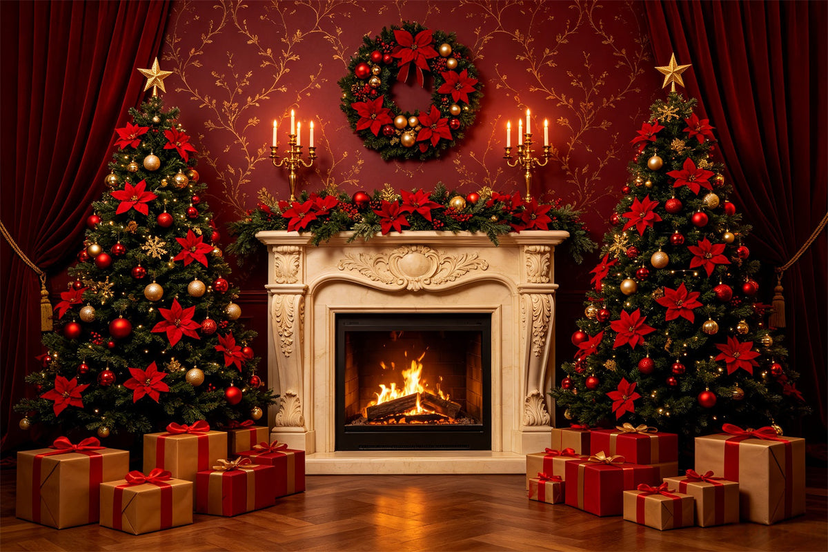 Décors De Noël Pour Scène Cheminée Élégante À Rideaux Rouges Décor De Noël Pour Une Fête CSH69-83