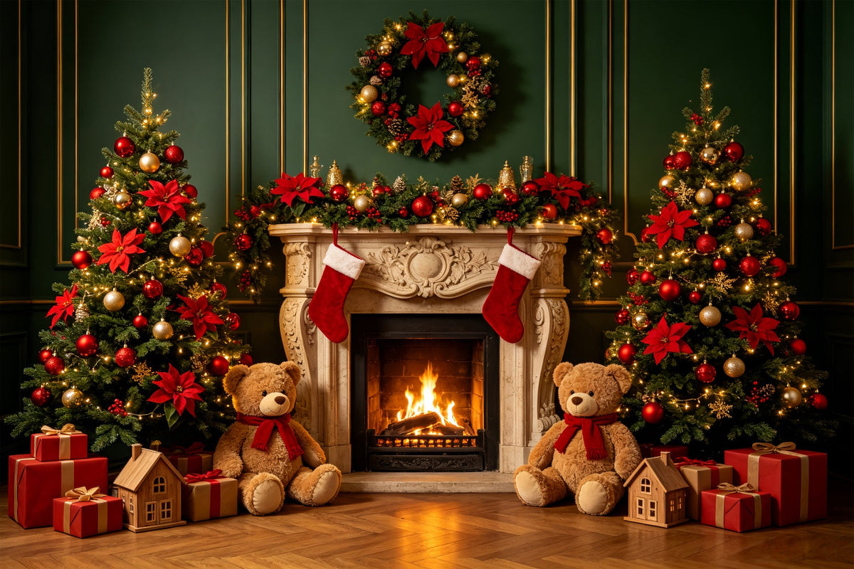 Fond De Cheminée De Noël Décoration De Cheminée Ours En Peluche Décor De Portrait De Noël CSH69-89