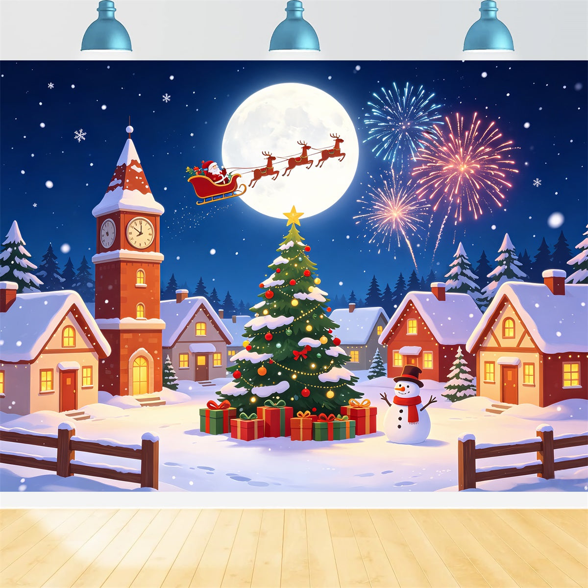 Décor Pour Village De Noël Feux D'Artifice De La Lune Des Neiges Fond De Lumières De Noël CSH69-92