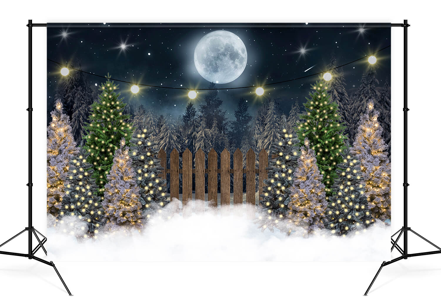Toile De Fond Noël 2,4 X 1,8 M - Thème Pleine Lune, Nuit, Arbre De Noël - Pour Photos, Décorations, Photomaton