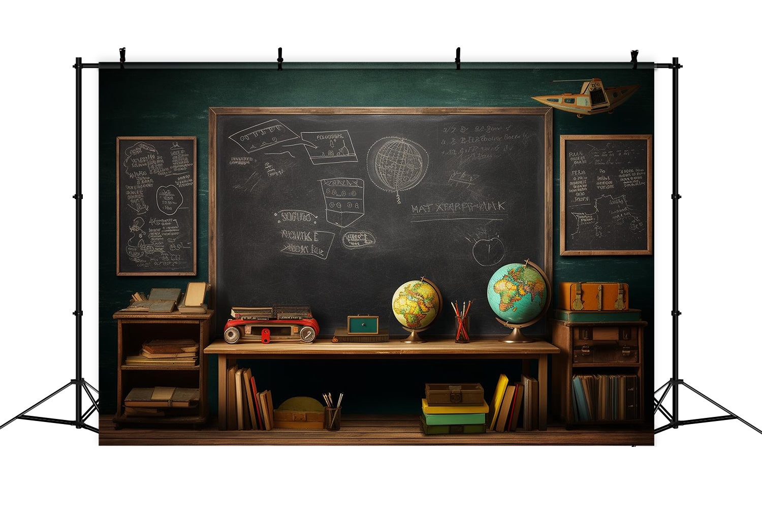 Toile de Fond de Tableau Noir avec Globe et Bureau pour la Rentrée Scolaire DBD7-58