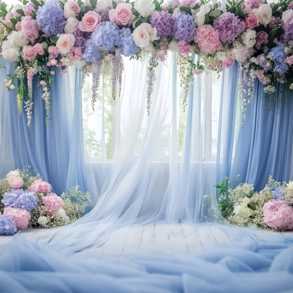 Toiles de Fond Fête des Mères Drapé Floral Bleu Fenêtre GQ2-113
