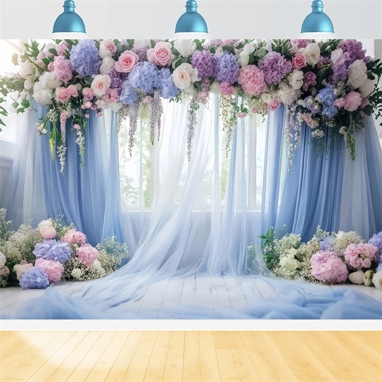 Toiles de Fond Fête des Mères Drapé Floral Bleu Fenêtre GQ2-113