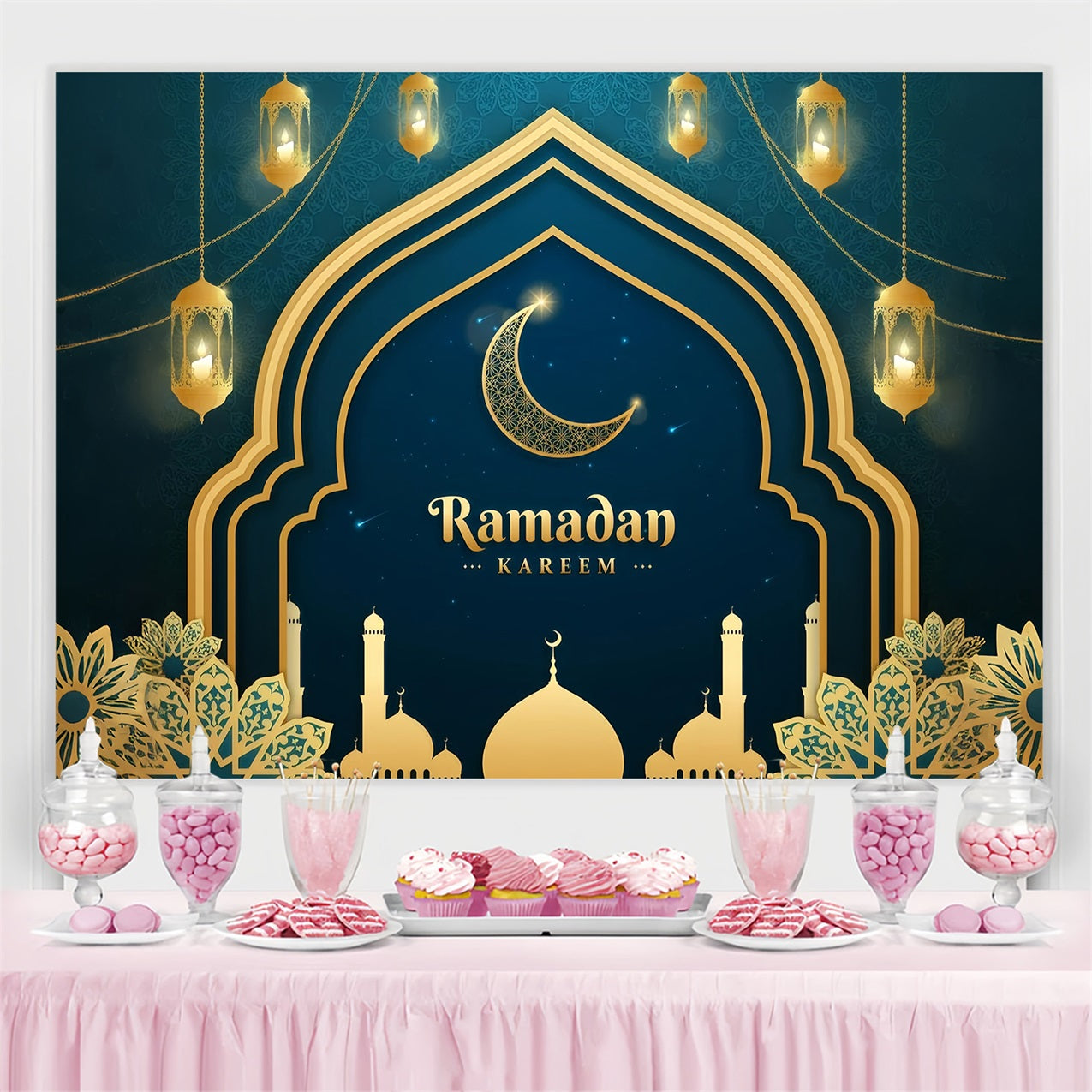 Toile de fond Ramadan Croissant Doré Mosquée Arche GQ3-1