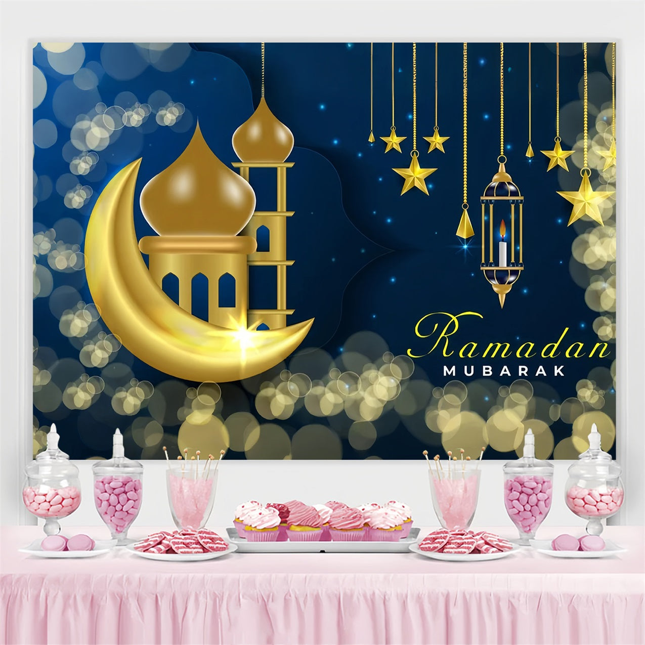 Toile de fond Ramadan Lune Dorée Nuit Étoilée GQ3-13