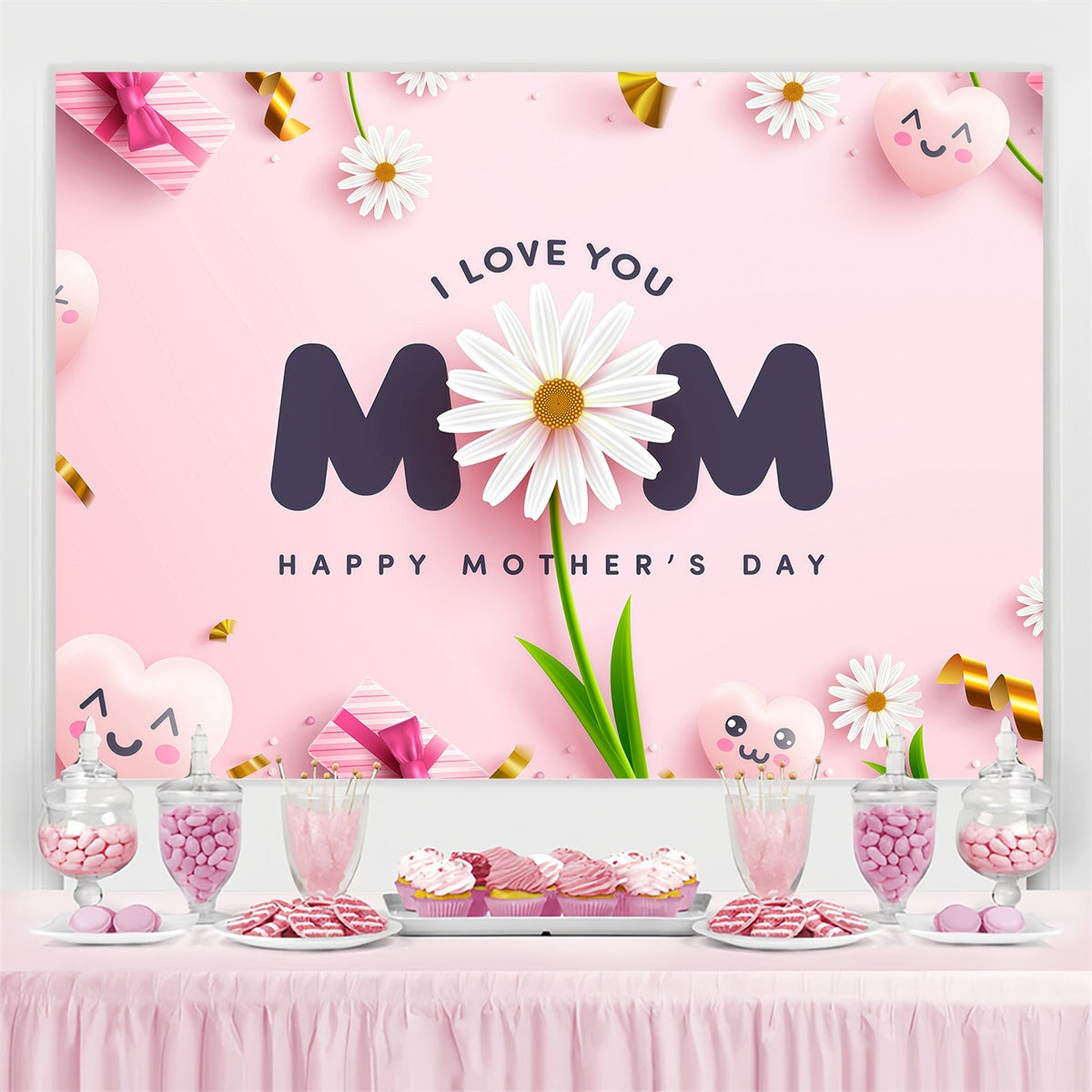 Toile de fond Fête des Mères Personnalisable Fleurs Cœur Ludiques GQ3-134