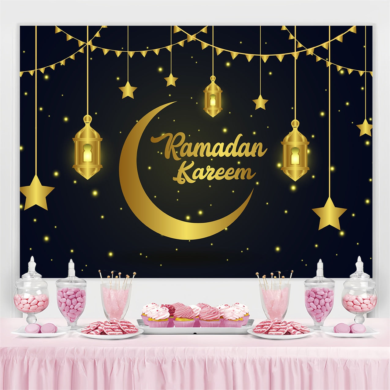 Toile de fond Ramadan Mubarak Étoiles Dorées Lanternes GQ3-16