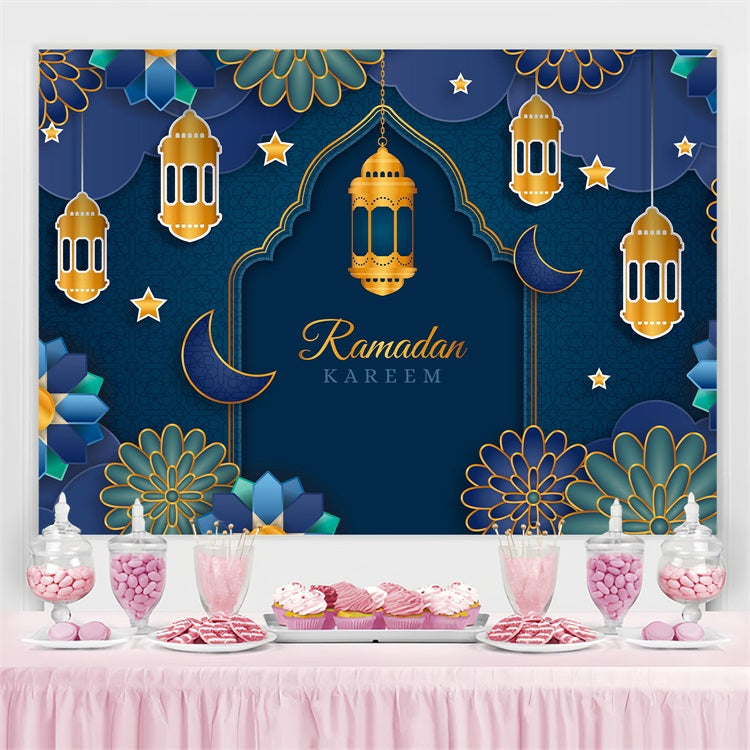 Toile de fond Ramadan Mubarak Arche Florale Bleue Dorée Lanternes GQ3-2