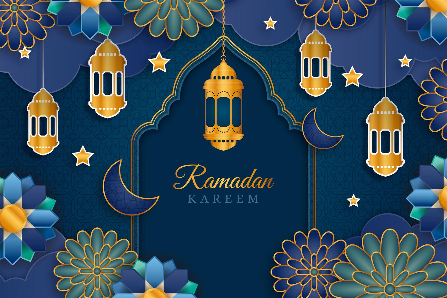 Toile de fond Ramadan Mubarak Arche Florale Bleue Dorée Lanternes GQ3-2