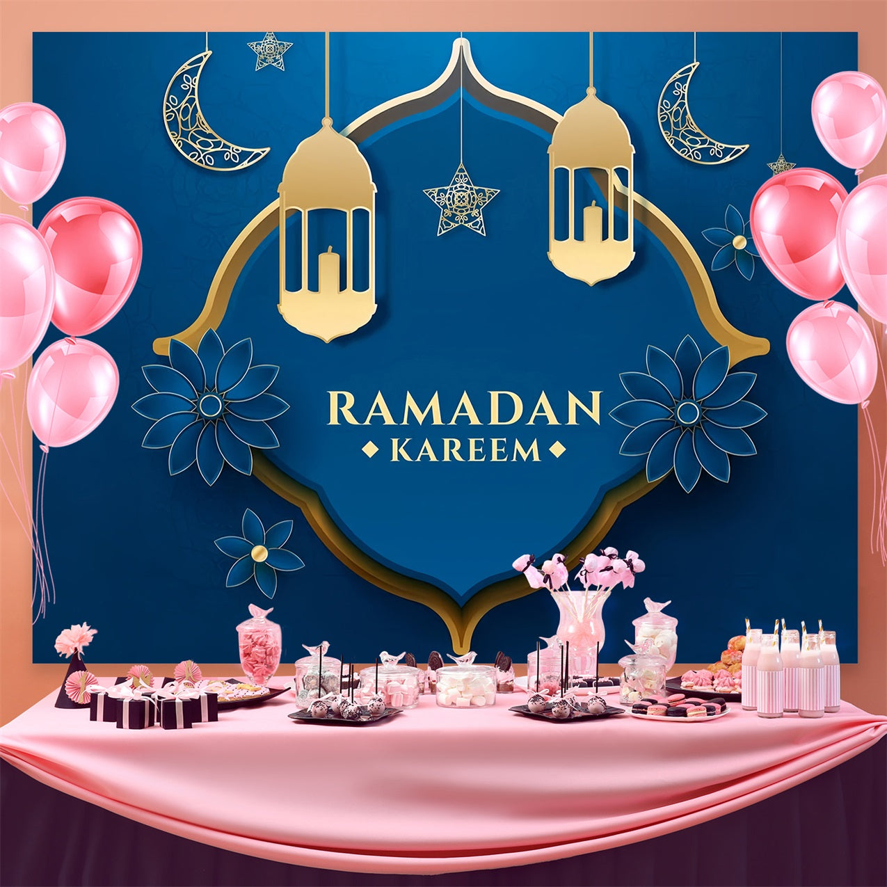 Toile de fond Ramadan Mubarak Croissant Bleu Floral GQ3-31