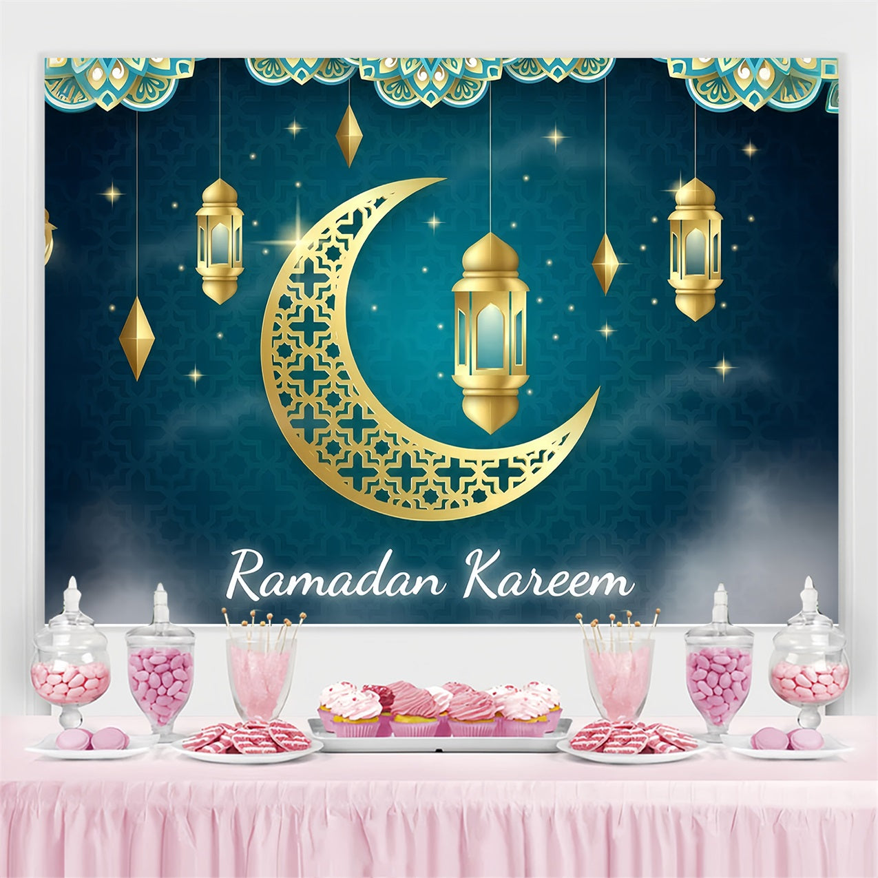 Toile de fond Ramadan Croissant Doré Lanterne GQ3-5