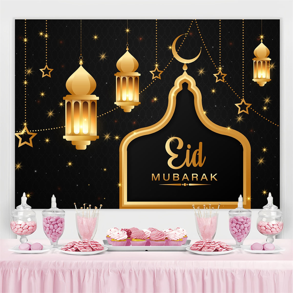 Toile de fond Eid Mubarak Lanternes Dorées Étoilées GQ3-61