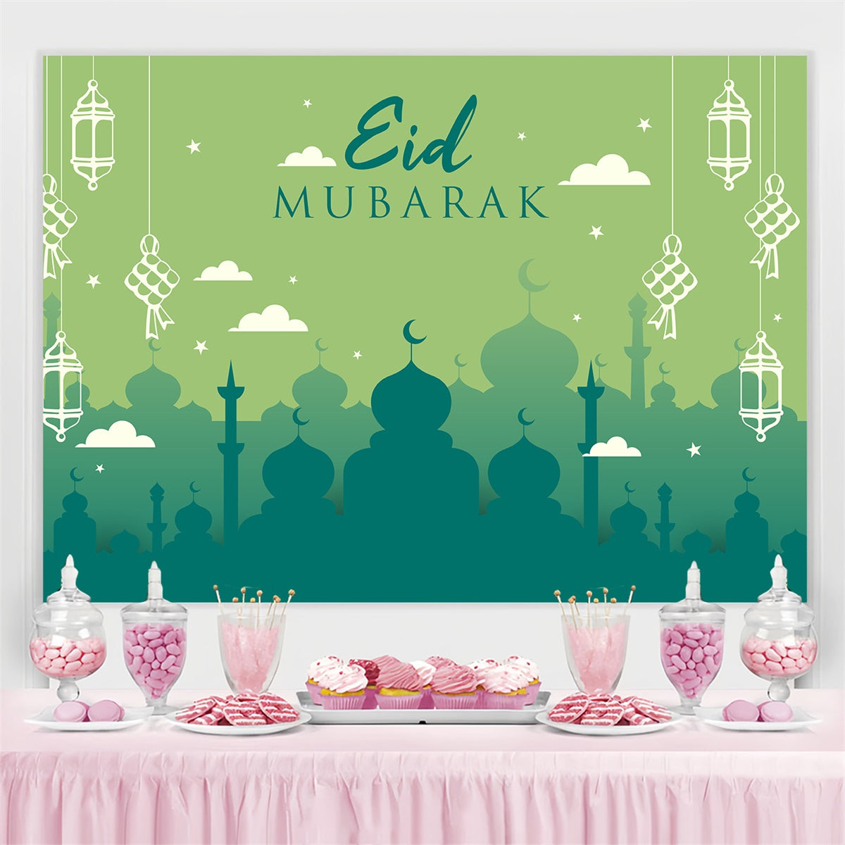 Toile de fond Eid Mubarak Silhouette de Mosquée Verte GQ3-63