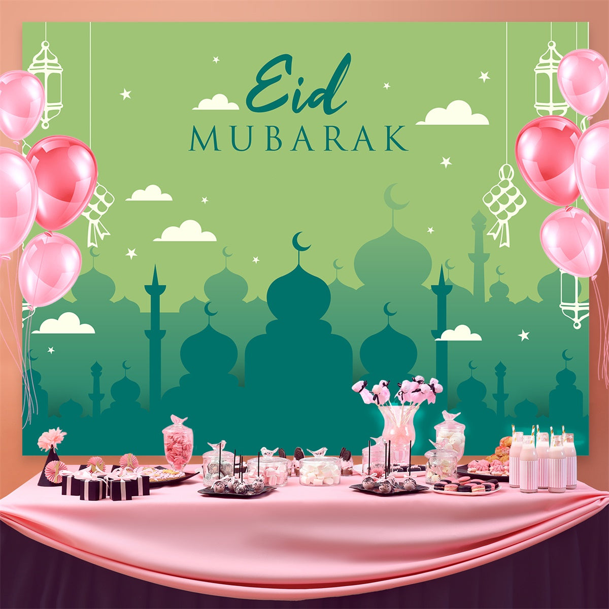 Toile de fond Eid Mubarak Silhouette de Mosquée Verte GQ3-63