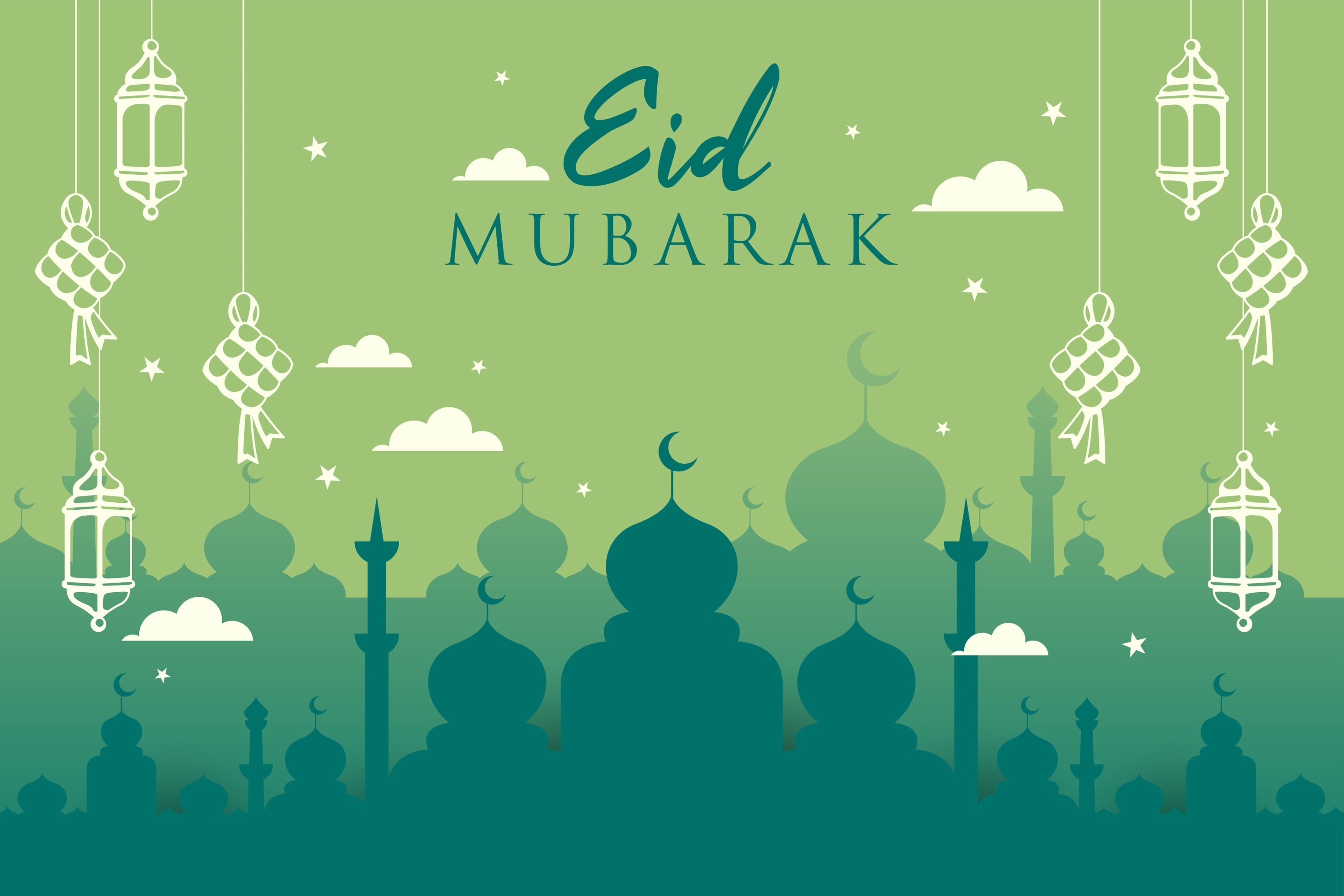 Toile de fond Eid Mubarak Silhouette de Mosquée Verte GQ3-63