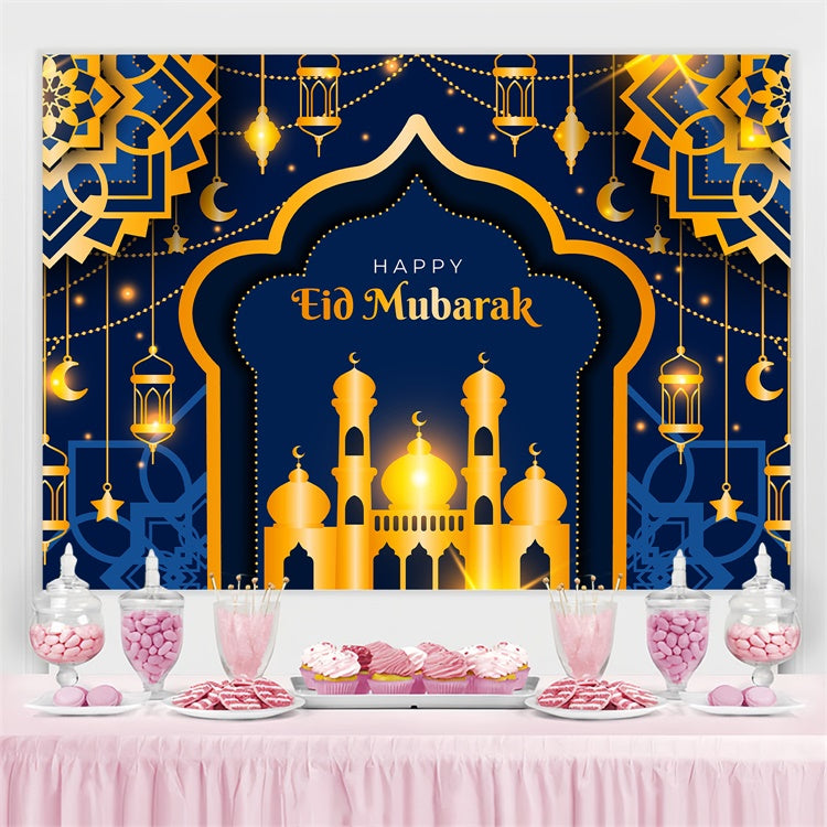 Toile de fond Eid Mubarak Mosquée Bleue Dorée Profonde GQ3-67