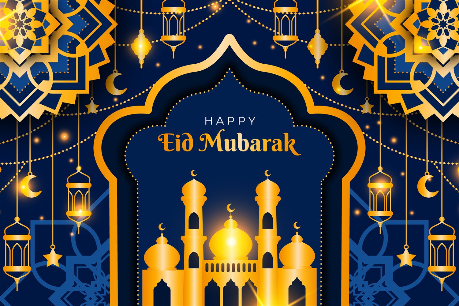 Toile de fond Eid Mubarak Mosquée Bleue Dorée Profonde GQ3-67