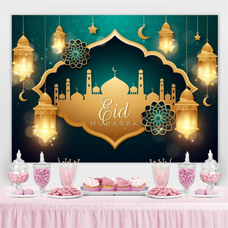 Toile de fond Eid Mubarak Mosquée Luxueuse Dorée Lanterne GQ3-70