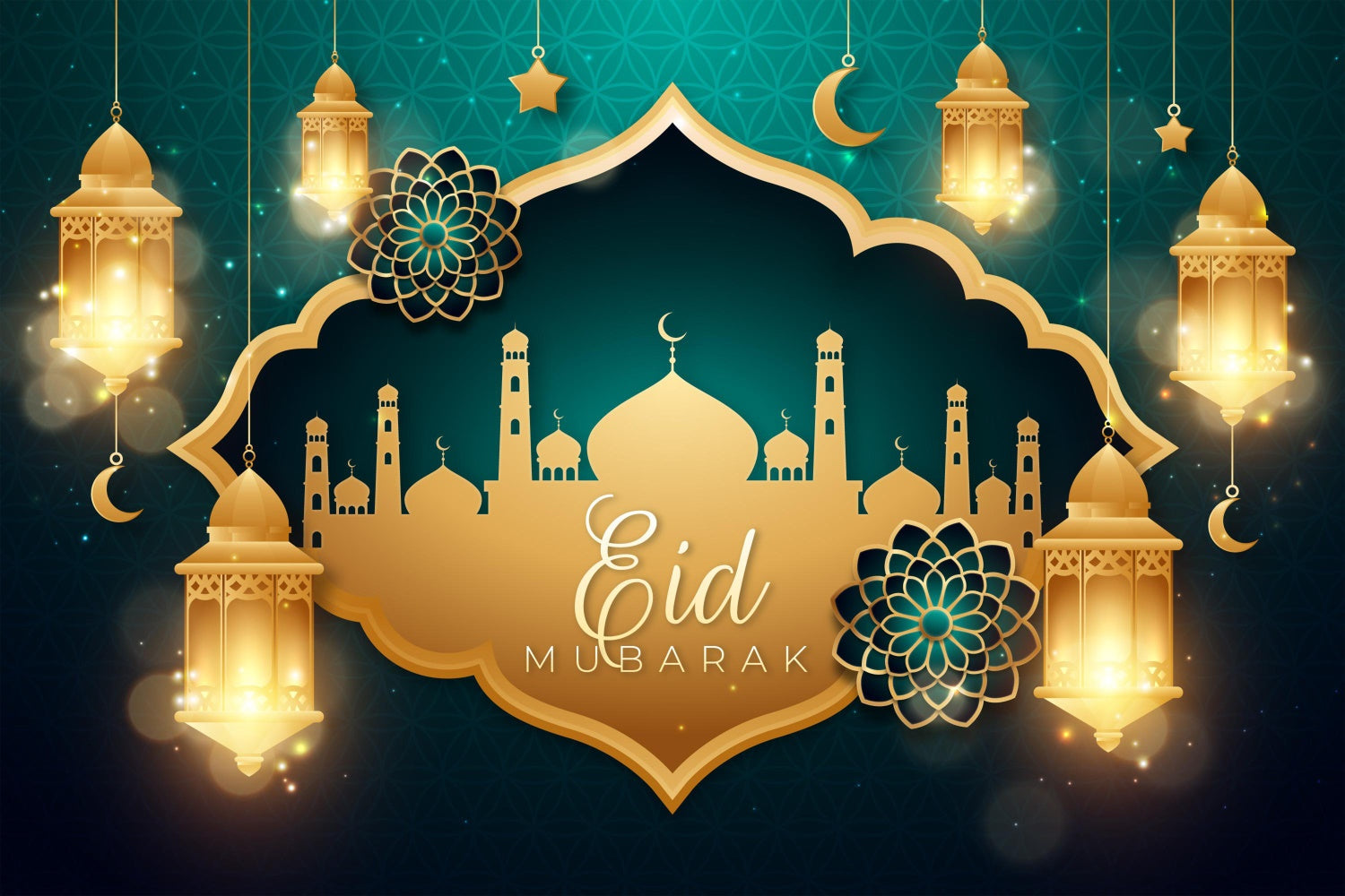Toile de fond Eid Mubarak Mosquée Luxueuse Dorée Lanterne GQ3-70