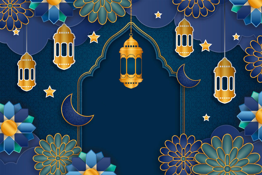 Toile de fond Eid Mubarak Mandala Floral Bleu Festif GQ3-71