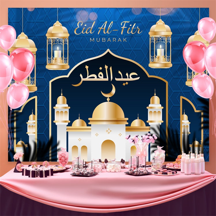 Toile de fond Eid Mubarak Lanternes Suspendues Élégantes Bleues GQ3-78