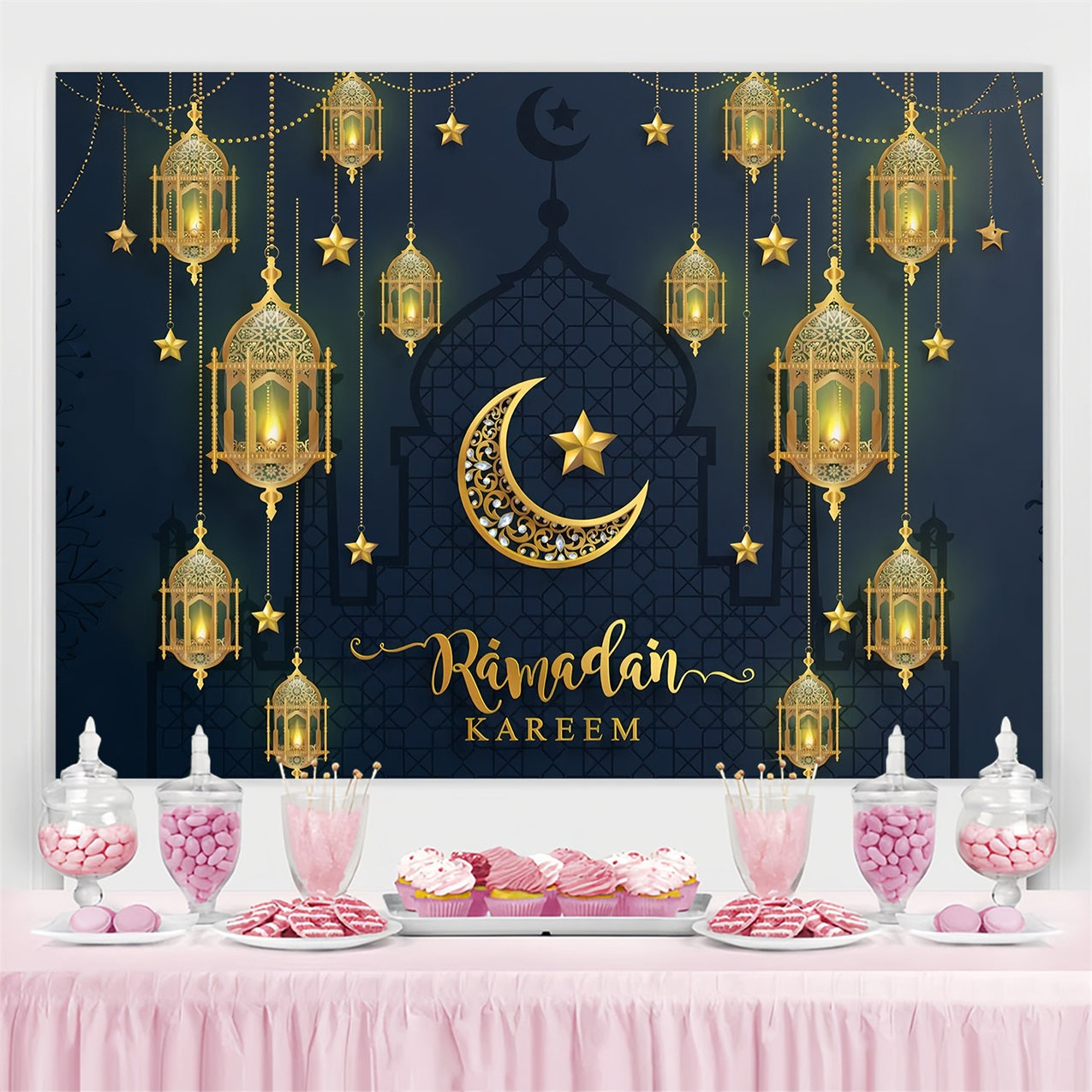 Toile de fond Ramadan Mubarak Grande Mosquée Croissant Lanterne GQ3-8