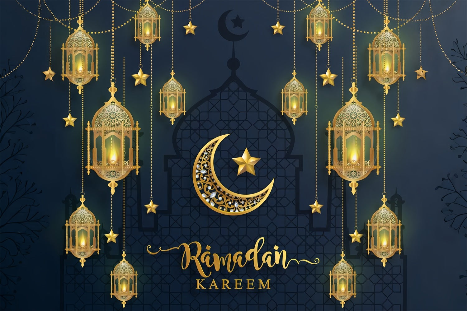 Toile de fond Ramadan Mubarak Grande Mosquée Croissant Lanterne GQ3-8