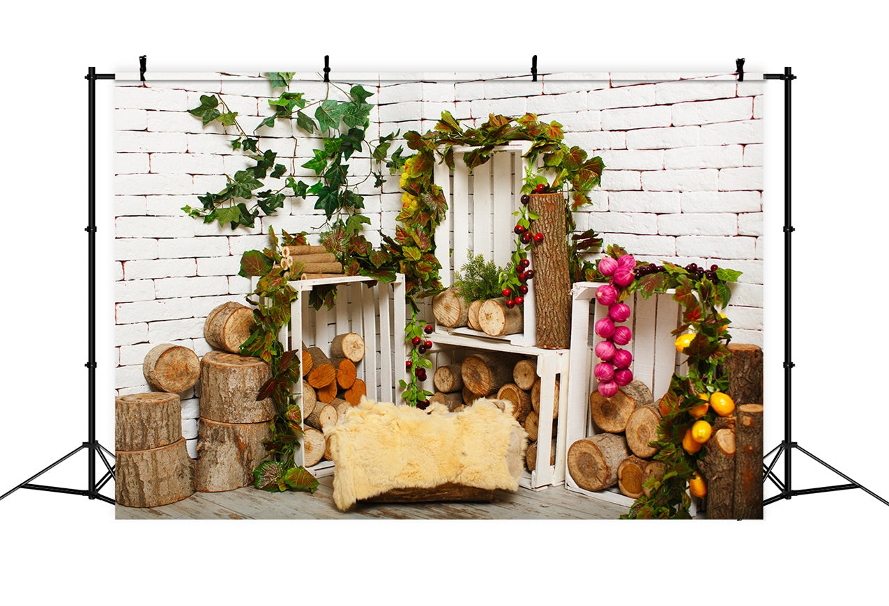 Toile de fond Sol Bois Mur Brique Blanche Forêt GQ4-109