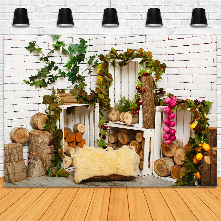 Toile de fond Sol Bois Mur Brique Blanche Forêt GQ4-109