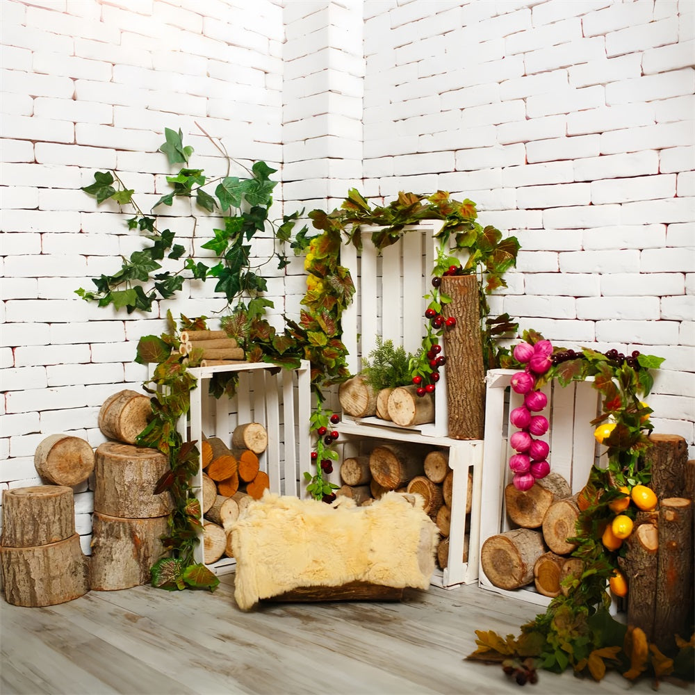 Toile de fond Sol Bois Mur Brique Blanche Forêt GQ4-109