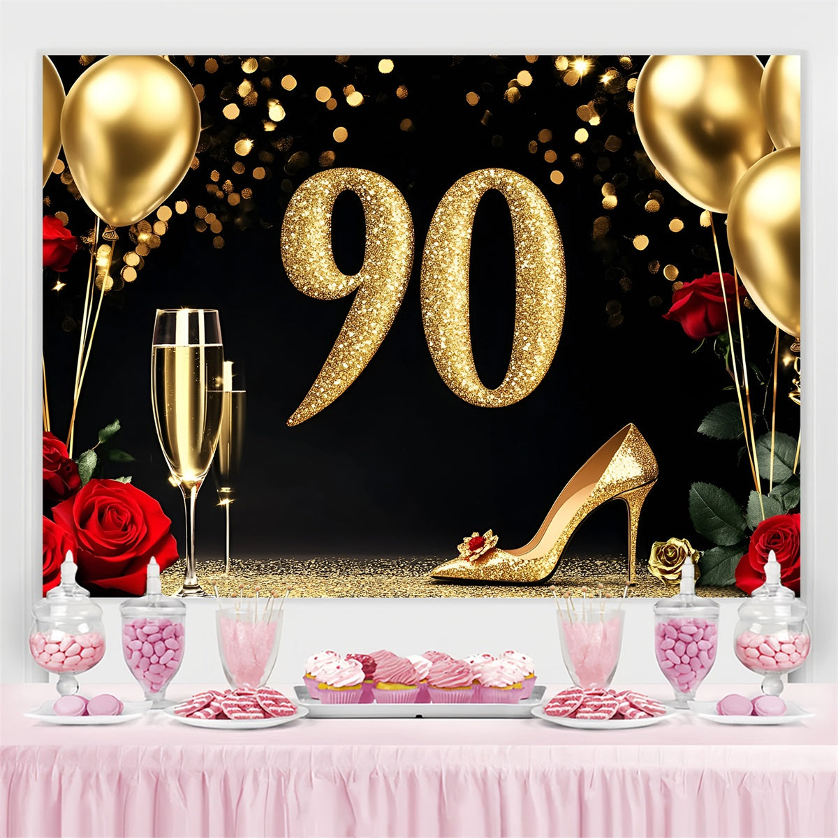 Toile de fond Anniversaire Personnalisable Rose Champagne 90e GQ4-217