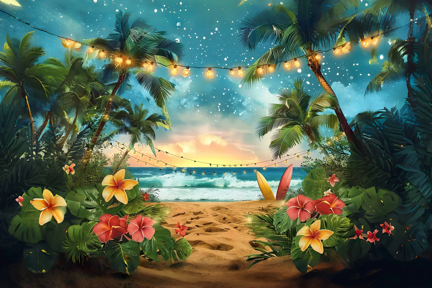 Toile de fond Été Coucher de Soleil Surfboard Lumières GQ4-248