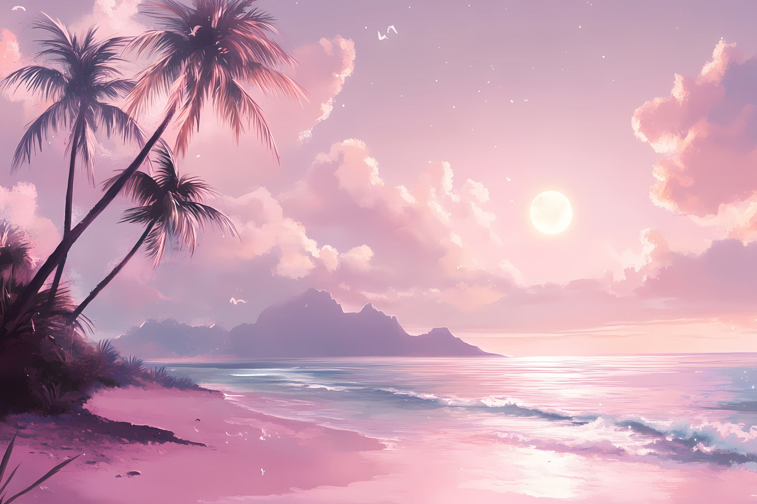 Toile de fond Été Crépuscule Rose Lune Plage GQ4-249