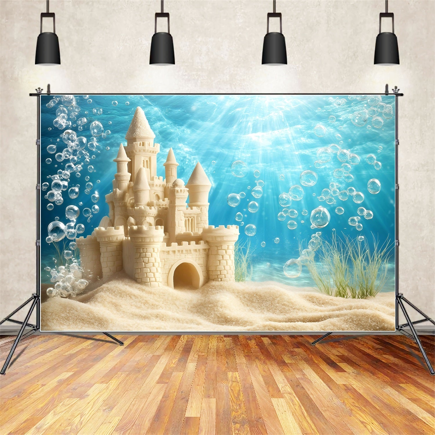 Toile de fond de Plage Été Château de Sable Bulles GQ4-282