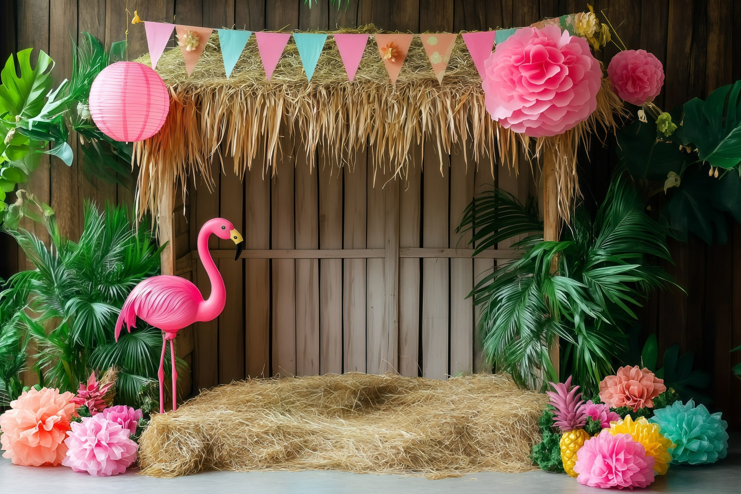 Toile de fond Été Hut Tiki Flamant Rose GQ4-292