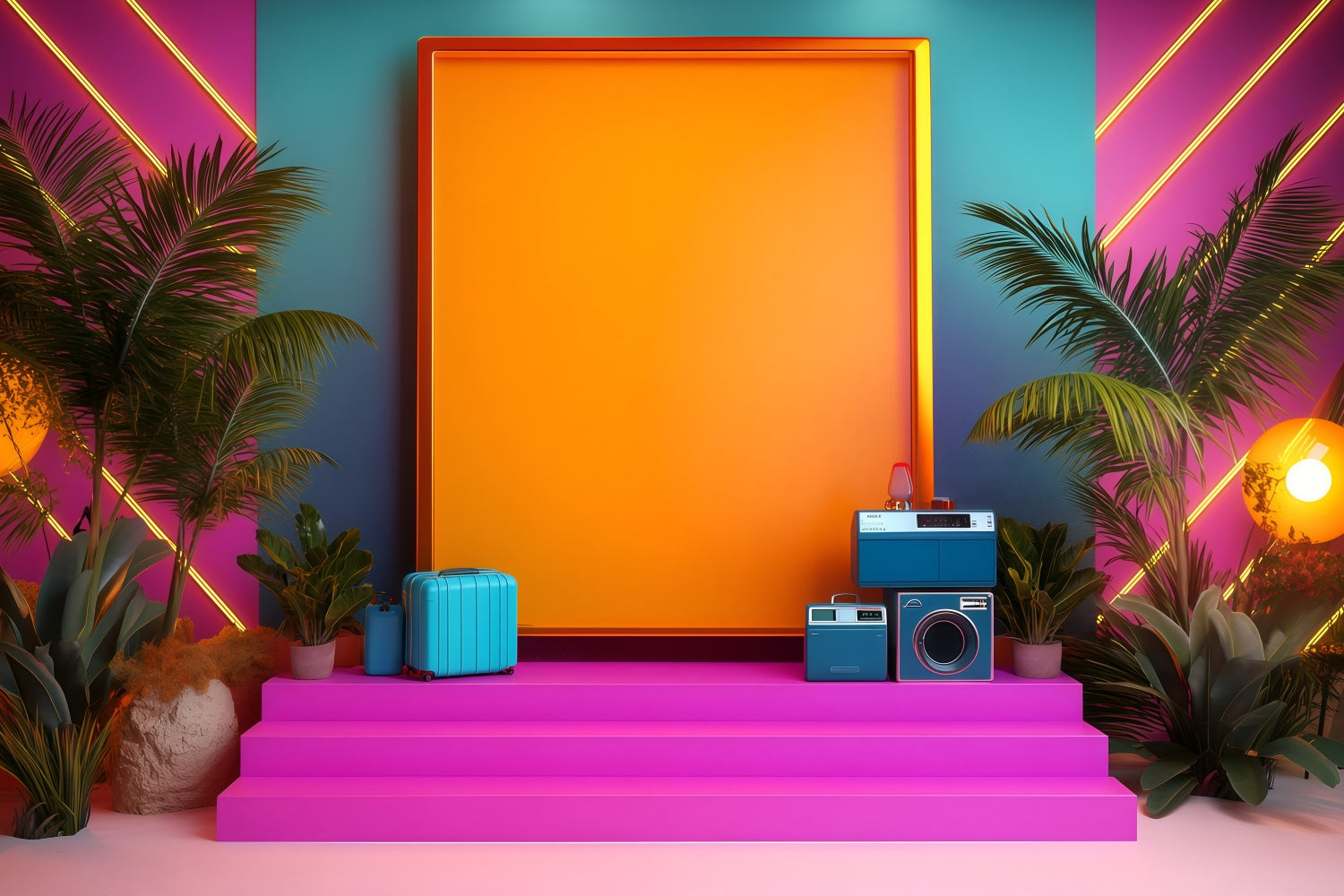 Toile de fond Années 80 Mur Néon Palmier Tropical Photographie Vintage GQ4-328