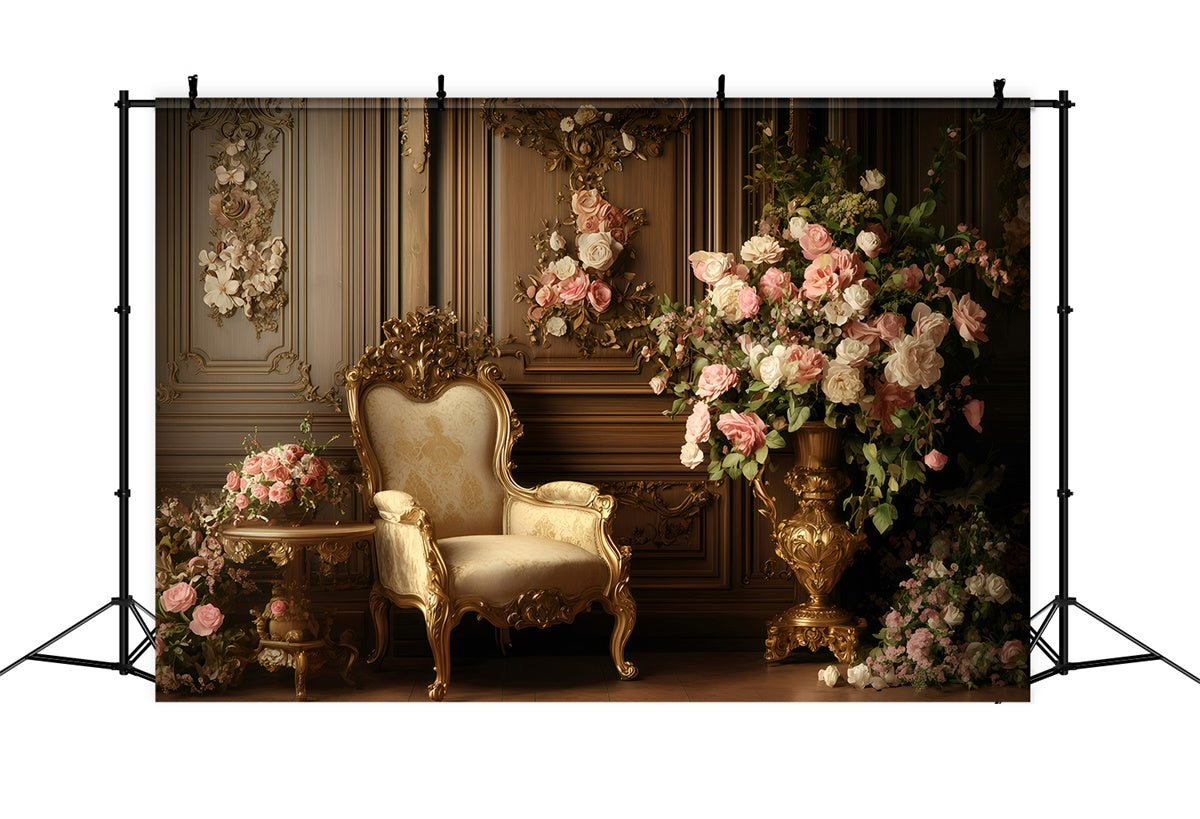 Toile de fond Antique Photo Chaise Dorée Mur Floral Vintage GQ4-332