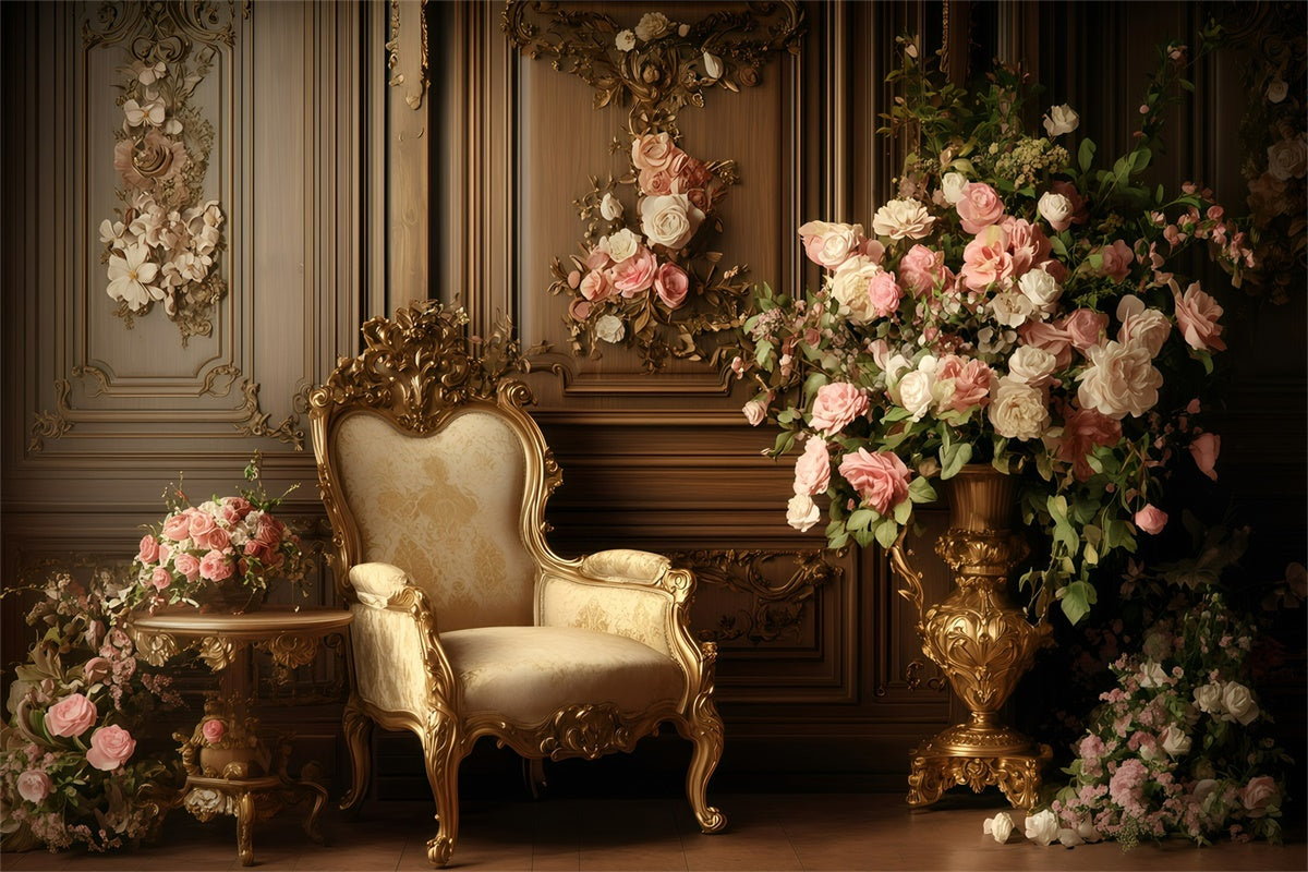 Toile de fond Antique Photo Chaise Dorée Mur Floral Vintage GQ4-332