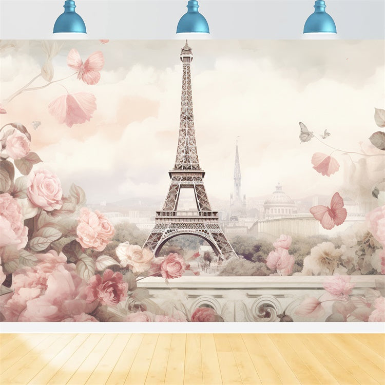 Toile de fond Tour Eiffel Paris Fleurs Pastel Romance GQ4-37