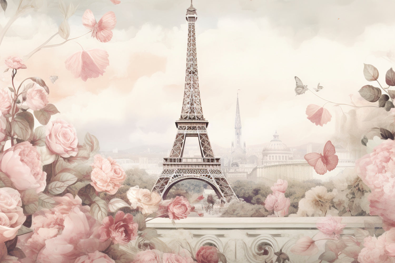 Toile de fond Tour Eiffel Paris Fleurs Pastel Romance GQ4-37