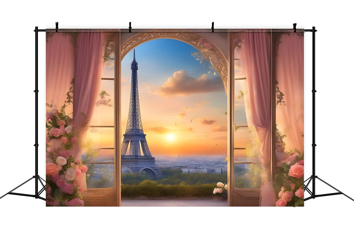 Toile de fond Tour Eiffel Paris Vue Coucher Soleil Rideaux Floraux GQ4-38