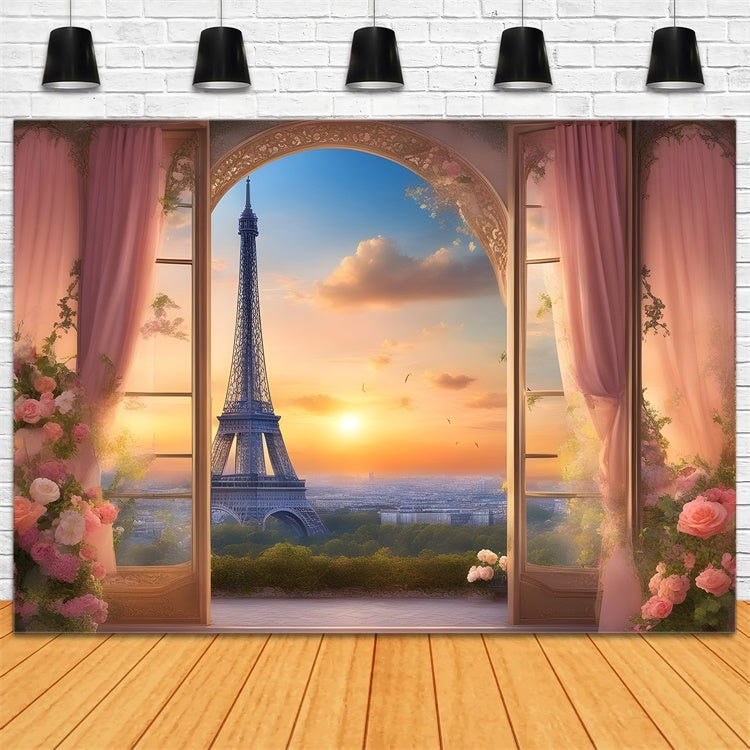 Toile de fond Tour Eiffel Paris Vue Coucher Soleil Rideaux Floraux GQ4-38